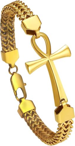OIDEA Egyptian Ankh Cross Bracelet for Men: Double Row Braided Franco Chain Bracelet Key of Life Stainless Steel Mens Bracelet Protection Amulet Jewelry Gift in Saudi Arabia