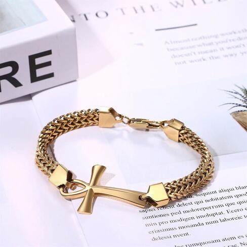 OIDEA Egyptian Ankh Cross Bracelet for Men: Double Row Braided Franco Chain Bracelet Key of Life Stainless Steel Mens Bracelet Protection Amulet Jewelry Gift in Saudi Arabia
