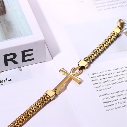 OIDEA Egyptian Ankh Cross Bracelet for Men: Double Row Braided Franco Chain Bracelet Key of Life Stainless Steel Mens Bracelet Protection Amulet Jewelry Gift in Saudi Arabia