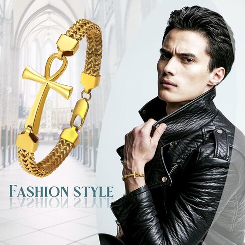 OIDEA Egyptian Ankh Cross Bracelet for Men: Double Row Braided Franco Chain Bracelet Key of Life Stainless Steel Mens Bracelet Protection Amulet Jewelry Gift in Saudi Arabia