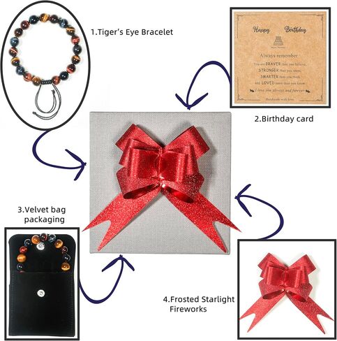Happy Birthday Gifts muticolor Red Blue Golden Tiger Eye Bracelet for presents with Gift Box Card set,16 18 21 30 35 40 45 50 55 60 65 70 75 80 85 90 95 100 th years old in Saudi Arabia