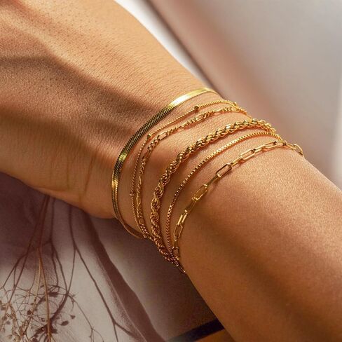 6 Pcs Gold Bracelets for Women Gifts Trendy 14K Dainty Gold Plated Stackable Adjustable Stack Set Waterproof Cuban Link Paperclip Chain Women's Fashion Thin Jewelry in Saudi Arabia