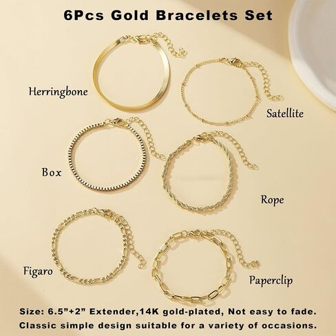 6 Pcs Gold Bracelets for Women Gifts Trendy 14K Dainty Gold Plated Stackable Adjustable Stack Set Waterproof Cuban Link Paperclip Chain Women's Fashion Thin Jewelry in Saudi Arabia