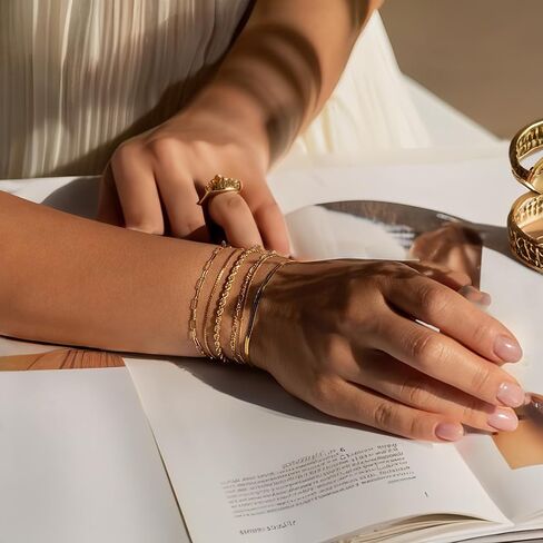 6 Pcs Gold Bracelets for Women Gifts Trendy 14K Dainty Gold Plated Stackable Adjustable Stack Set Waterproof Cuban Link Paperclip Chain Women's Fashion Thin Jewelry in Saudi Arabia