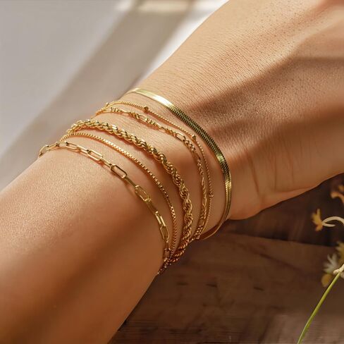 6 Pcs Gold Bracelets for Women Gifts Trendy 14K Dainty Gold Plated Stackable Adjustable Stack Set Waterproof Cuban Link Paperclip Chain Women's Fashion Thin Jewelry in Saudi Arabia