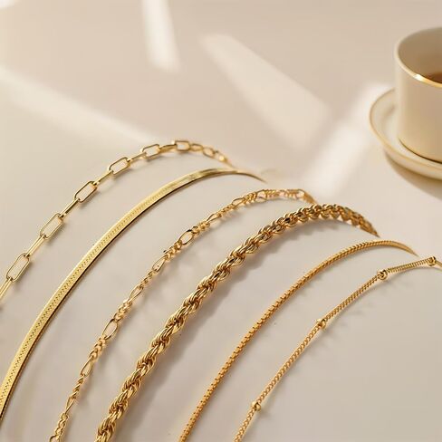 6 Pcs Gold Bracelets for Women Gifts Trendy 14K Dainty Gold Plated Stackable Adjustable Stack Set Waterproof Cuban Link Paperclip Chain Women's Fashion Thin Jewelry in Saudi Arabia