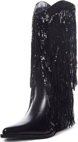MUCCCUTE Women's Fringe Western Cowboy Boots Metallic Cowgirl Mid-Calf Boots Pointed-Toe Chunky Block Heel Fashion Party Boots for Ladies with Tassel Size 9 in Saudi Arabia