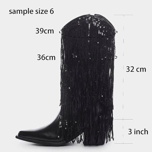 MUCCCUTE Women's Fringe Western Cowboy Boots Metallic Cowgirl Mid-Calf Boots Pointed-Toe Chunky Block Heel Fashion Party Boots for Ladies with Tassel Size 9 in Saudi Arabia