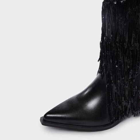 MUCCCUTE Women's Fringe Western Cowboy Boots Metallic Cowgirl Mid-Calf Boots Pointed-Toe Chunky Block Heel Fashion Party Boots for Ladies with Tassel Size 9 in Saudi Arabia