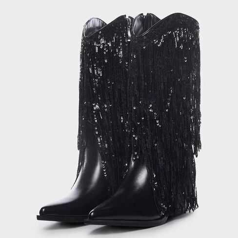 MUCCCUTE Women's Fringe Western Cowboy Boots Metallic Cowgirl Mid-Calf Boots Pointed-Toe Chunky Block Heel Fashion Party Boots for Ladies with Tassel Size 9 in Saudi Arabia