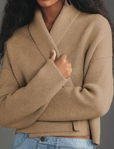 Womens Cropped Cardigan Sweaters Chunky Knit Shawl Collar Sweater Jacket Trendy Fall Winter Cardigans in Kuwait