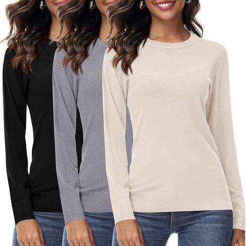 Ficerd 3 Pack Viscose Women's Sweaters Crew Neck Long Sleeve Pullover Tops for Women Lightweight Sweater in Saudi Arabia