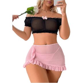 SOLY HUX Sexy Lingerie Set for Women Sheer Mesh Off Shoulder Bra Panty Ruffle Skirts 3 Piece Sets