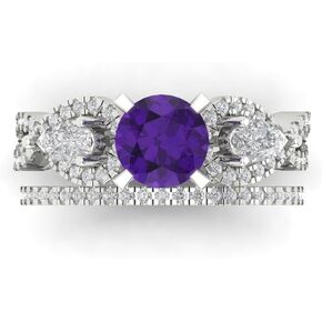 Clara Pucci 2.1 ct Round Cut Solitaire 3 stone Natural Purple Amethyst Designer Art Deco Statement Wedding Ring Band Set 18K White Gold