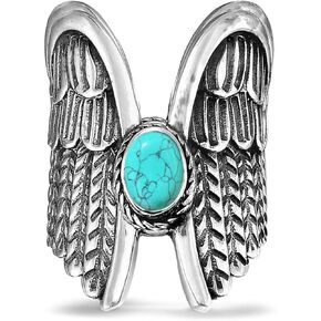 Oval Genuine Turquoise Stone Angel Wings Wide Band Ring,Retro S925 Sterling Silver Natural Full Finger Statement Band Ring for Women Her