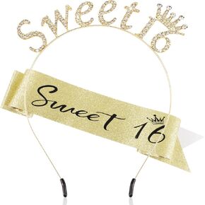 Sweet 16 Birthday Sash Headband Princess Tiara Crown 16th Birthday Decorations for Girls Sweet Sixteen Gifts for Girls