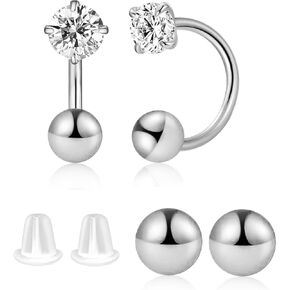 8mm Small Half Hoop Huggie Earrings for Women Teen Girls with Ball Screw Back, 3mm CZ Open Hoop Earrings Cartilage Helix Piercing Ball Screw Backs