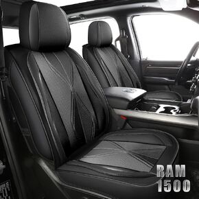 LINGVIDO Waterproof Faux Leather Seat Covers Compatible with 2009-2024 Dodge Ram 1500 2500 3500 Seat Cushion Protector Truck Pickup Crew Quad Cab with Split Bench 40/60(Black, 2PCS Front)