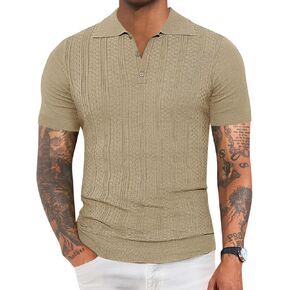 Runcati Mens Knitted Polo Shirts Solid Color Slim Fit Short Sleeve Shirt Casual Lightweight Textured Golf Polo Shirt