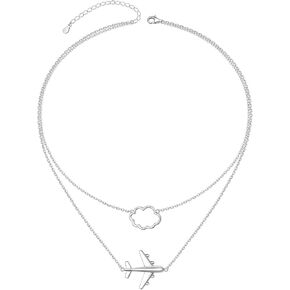 Airplane Cloud Necklace 925 Sterling Silver Layered Choker Necklace for Women Mother Daughter Sister, Best Gifts for Stewardess Flight Attendants Pilots Airplane Jewelry Souvenirs