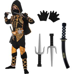 Spooktacular Creations Golden Ninja Costume Set, Ninja Jumpsuit with Foam Accessories for Kids, Toddler Halloween Outfit for Ideas Cosplay Party (Small, 5-7 yrs)