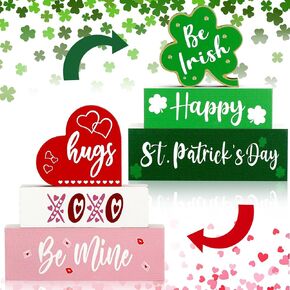 Redbaker 4 Pcs Valentine's Day Wooden Signs Reversible Happy St. Patrick's Day Wood Tabletop Centerpieces Valentine's Day Hug Be Mine Table Decor 3 Layered Double Side Wooden Blocks for Home Shelf