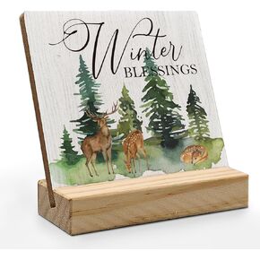 Christmas Desk Decor, Winter Table Decor, Christmas Winter Decorations Wood Plaque, Winter Blessings Deer Christmas Wooden Plaque Sign with Wood Stand for Home Bedroom Office Decor