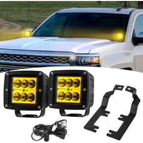 Wsays 2PCS LED Amber Light Pods & Ditch Hood Hinge LED Pod Mount Bracket w/Wiring Kit Compatible with Chevy Silverado 2014-2018 Fit GMC Sierra 1500 2014-2018