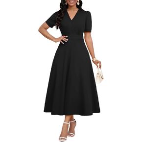 Womens Midi Dresses V Neck Cocktail Church Tea Dresses Short Sleeve A-Line Swing Dresses