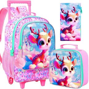 AGSDON 3PCS Kids Rolling Backpack, Girls Roller Wheels Bookbag, Wheeled Elementary School Bag with Lunch Bag - White Cat