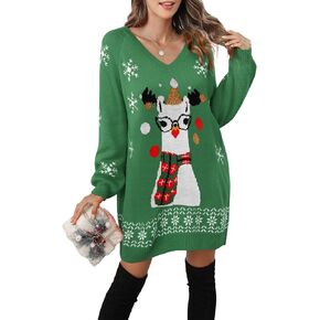Women's Ugly Christmas V Neck Oversize Sweater Dress Long Sleeve Loose Holiday Knit Xmas Mini Dress.