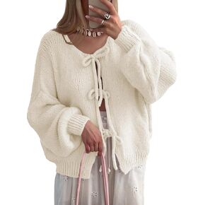 UNCLECAT Womens Bow Tie Front Cardigan Sweaters Oversized Fall Open Front Cardigans Cute Loose Knit Tops