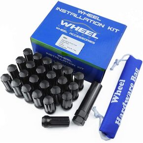 WHEEL CONNECT Spline Lug Nuts, 12x1.5, Acorn for Conical Seat. Set of 24 with 1 Key and 1 Storage Bag, for Aftermarket Custom Tuner Wheel, Steel, Black Finish.M12 X 1.5