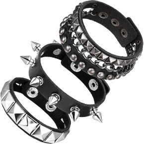 Giantree Punk Rock Leather Bracelets, 3 Pcs Punk Rock Studded Bracelet Spiked Leather Cuff Bracelet for Men Women 80s Wristband Adjustable Wrap Wrist Cuffs for Halloween Party Favors