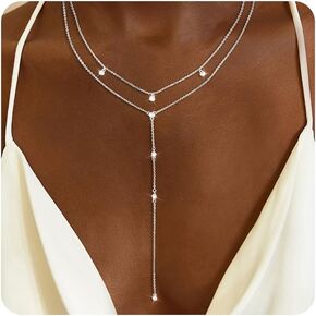 Moodear Gold Lariat Necklace for Women - Dainty 14K Gold Plated/Silver Long Chain Layered Drop Necklaces Trendy Y-Shaped Cubic Zirconia Pendant Necklace for Her