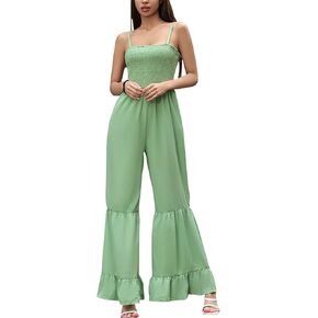 Women's Summer Casual Jumpsuits One Piece Sleeveless Smocked Rompers Loose High Waist Wide Leg Jumpers with Pocket