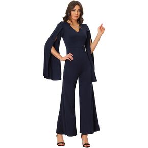 Allegra K V Neck Jumpsuit for Women's High Waist Slit Long Sleeves Casual Dressy Long Wide Leg Jumpsuits