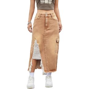 Womens Casual High Waisted Denim Midi Skirt Slit Frayed Raw Hem Cargo Jean Skirts with Pockets
