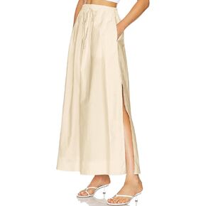 Womens Maxi Slit Skirt Elastic Waist Drawstring Long Skirts for Women with Pockets
