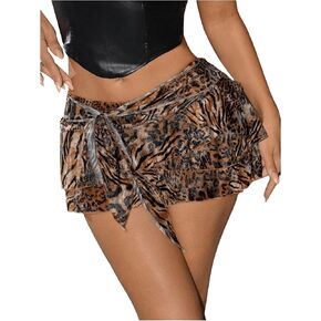 SOLY HUX Women's Y2k Leopard Print Mini Skirts Drop Waist Belted Flared Sexy Skirt Clubwear