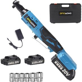 Cordless Electric Ratchet Wrench Set, 3/8" 18V 500 RPM Power Ratchet Kit with 2 Packs 2.0 Ah Batteries, Included 6 Sockets and Charger, Variable Speed & LED Light