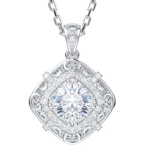 THELANDA Genuine Moissanite Sterling Silver Vintage Classic Filigree 2 Carat Pendant Necklace, Adjustable 18-20 Inch Chain with Lobster Clasp, Elegant Jewelry Gift for Women