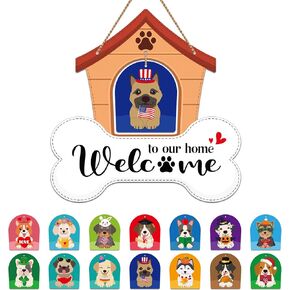 Seasonal Welcome Sign - Double Side Interchangeable Welcome Sign with 14 Dog Pattern Icons Holiday Changeable Home Sign Door Wreath Gifts