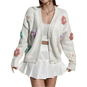 Milumia Women's Y2K Floral Appliques Long Sleeve Button Front Cardigan Sweater