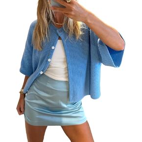 Y2k Women's Light Weight Cardigan Short Sleeve Button up Sweater Knitted Crop Top Casual Solid Knitwear Streetwear