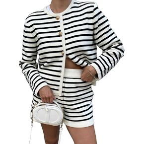 MISSACTIVER Womens Sweater 2 Piece Outfits Trendy Striped Long Sleeve Button Down Knit Cardigan Shorts Lounge Set