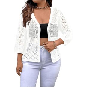 GORGLITTER Women's Plus Size 3/4 Sleeve Open Front Cardigan Hollow Out Knit Sheer Sweater Coat