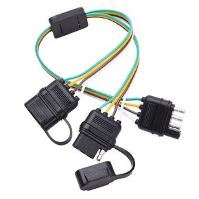Flat 4 Pin Y-Splitter Adapter Trailer Extension Harness Connector with Dust Caps for LED Tailgate Light Bar Trailers, Accessory, Towing, Safety Lighting