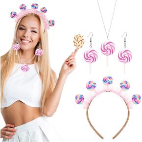 4 Piece Candy Costume Accessories Lollipop Headdress Candy Hairband Sweet Rainbow Necklace Lollipop Earrings for Women Christmas Photo Props Candy Theme Party Cosplay Outfit Accessories
