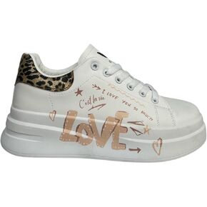 Women's Casual Sneakers with Leopard Print Accents, Lace-up, White, 'C'est la Vie' Text